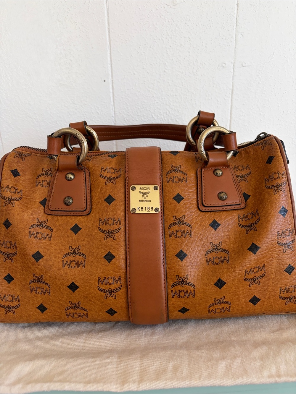 MCM Cognac Visetos coated canvas Logo Satchel w/2 Front Pockets - Picture 6 of 14